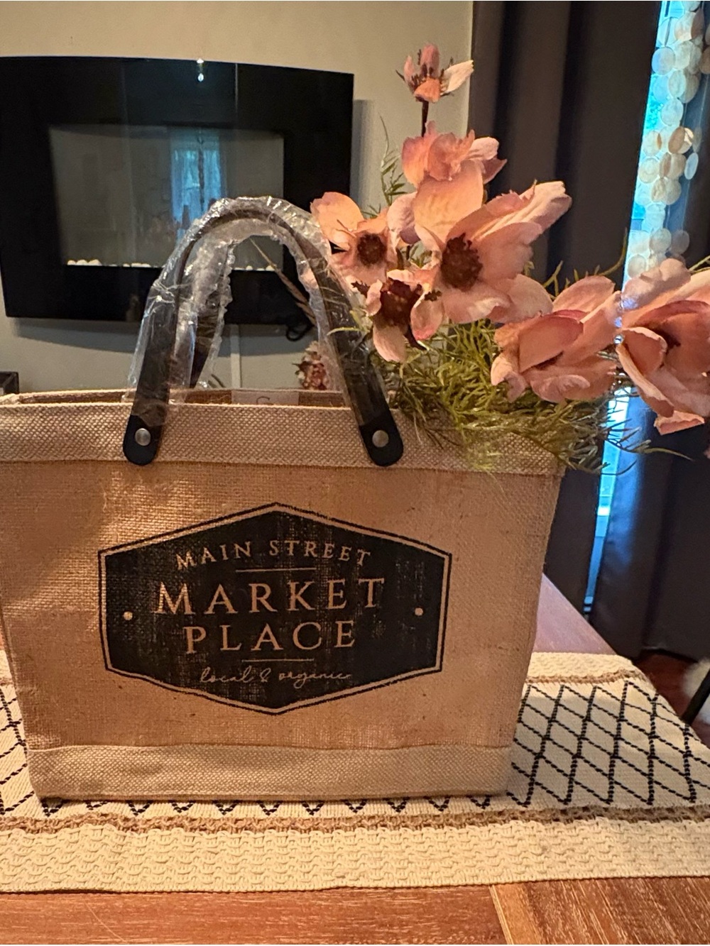 Market Place Main Street Jute Tote Bag in Natural Brown with Black Logo